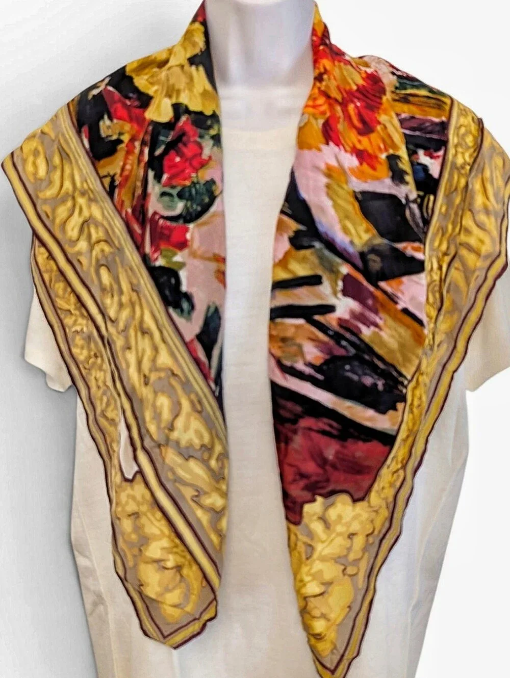 VINTAGE Paul Cézanne Art Scarf Silk Chrysanthemums Floral Print Black Yellow Red